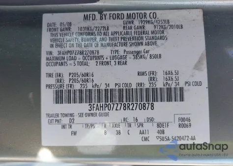 2008 Ford Fusion Se from USA, damaged, VIN 3FAHP07Z78R270878